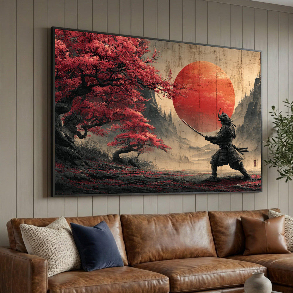 Samurai Warrior with Katana, Red Sun Canvas, Japanese Cherry Blossom Tree, Asian Landscape Wall Art, Traditional Battle Luxury Home Decor