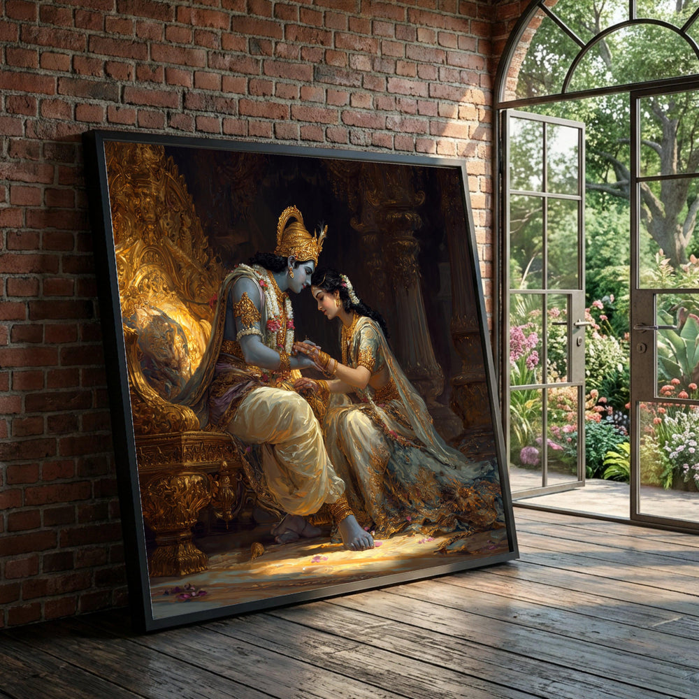 Divine Mythological Scene Canvas, Krishna and Radha Art, Traditional Indian Wall Art, Royal Couple Portrait Canvas, Luxury Home Decor