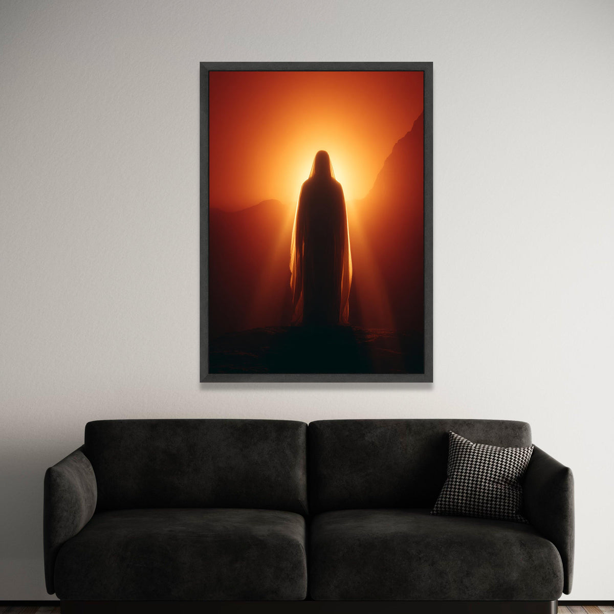 Serene Silhouette at Sunrise, Mystical Cloaked Figure Canvas, Warm Light Wall Art, Spiritual Landscape Canvas, Luxury Home Decor