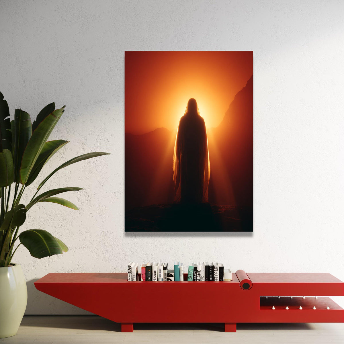 Serene Silhouette at Sunrise, Mystical Cloaked Figure Canvas, Warm Light Wall Art, Spiritual Landscape Canvas, Luxury Home Decor