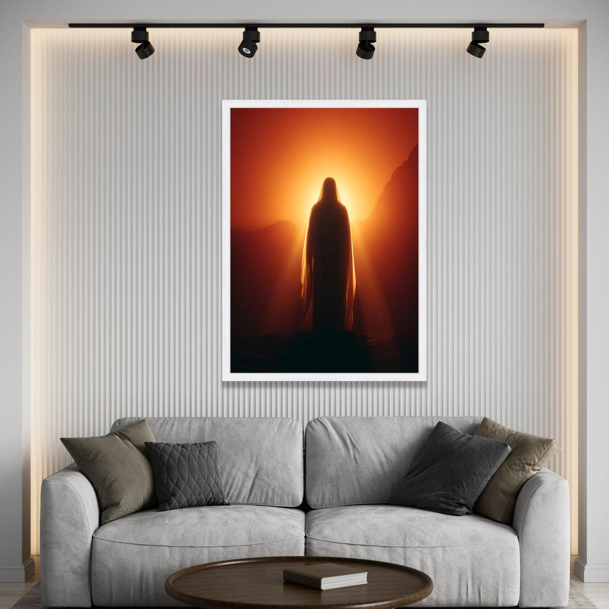 Serene Silhouette at Sunrise, Mystical Cloaked Figure Canvas, Warm Light Wall Art, Spiritual Landscape Canvas, Luxury Home Decor