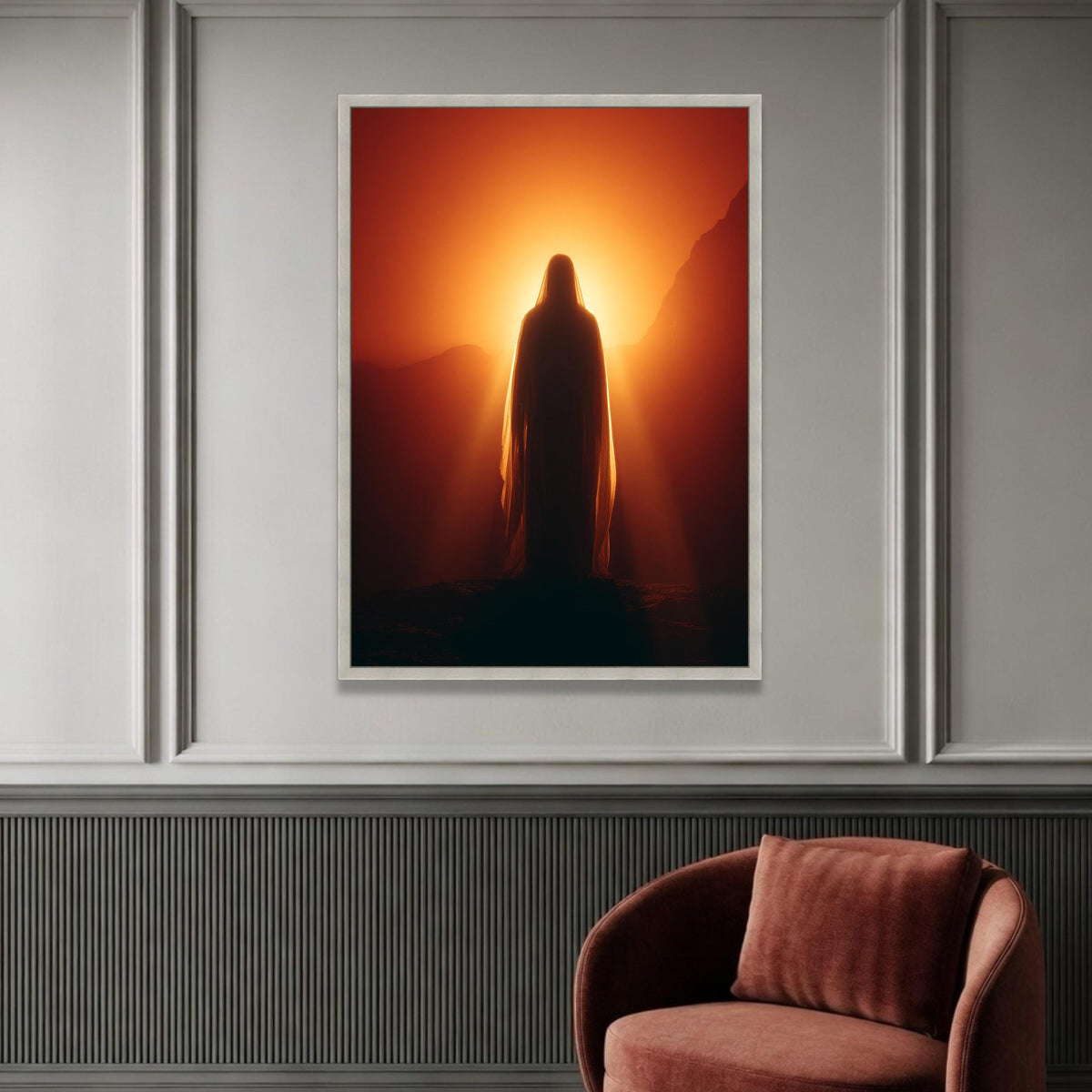 Serene Silhouette at Sunrise, Mystical Cloaked Figure Canvas, Warm Light Wall Art, Spiritual Landscape Canvas, Luxury Home Decor