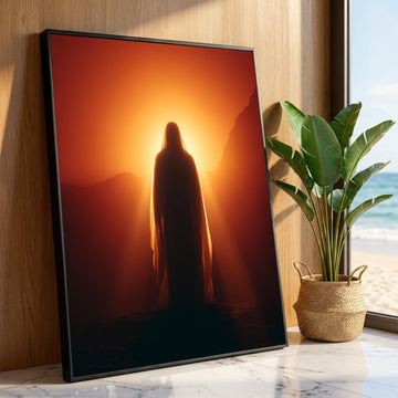 Serene Silhouette at Sunrise, Mystical Cloaked Figure Canvas, Warm Light Wall Art, Spiritual Landscape Canvas, Luxury Home Decor