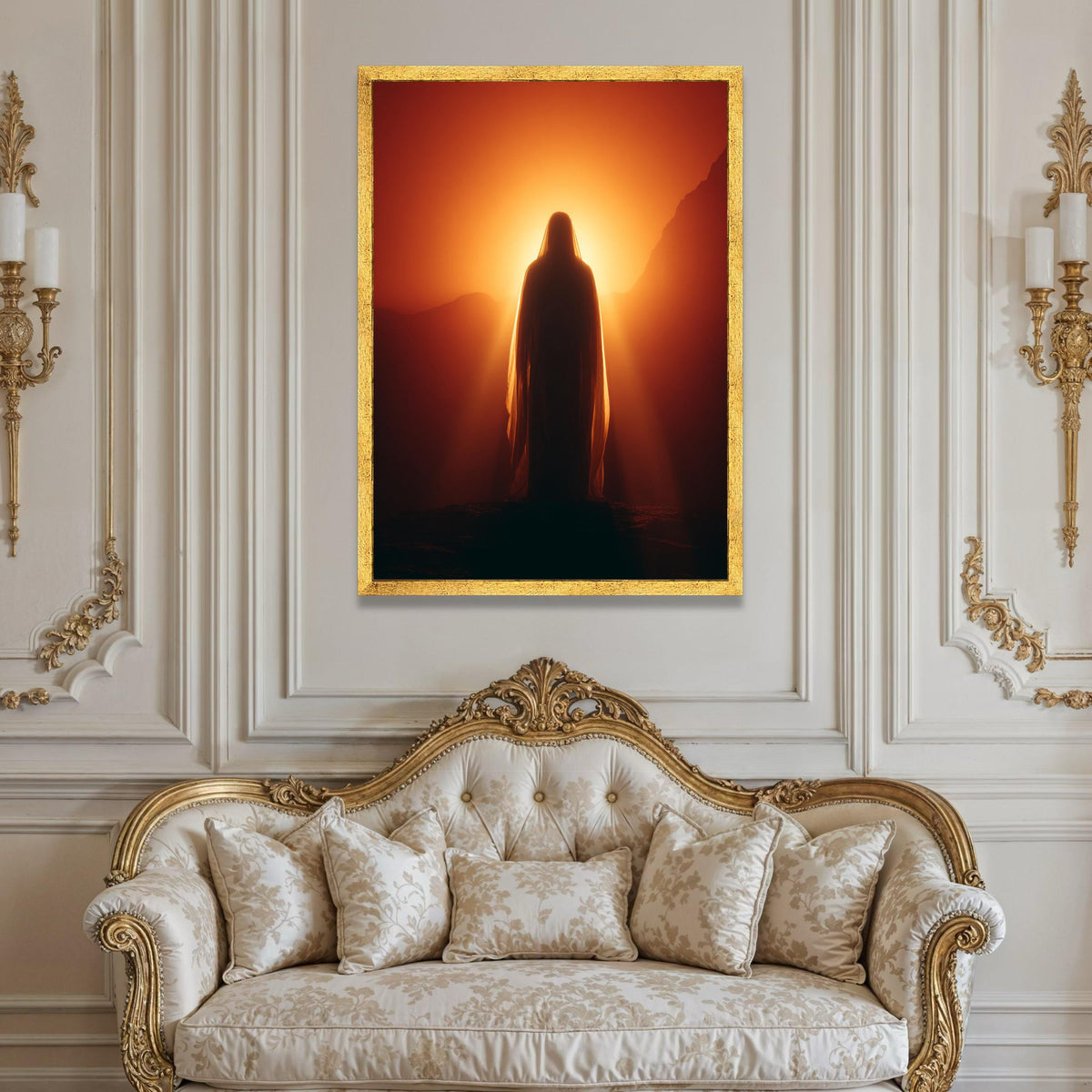 Serene Silhouette at Sunrise, Mystical Cloaked Figure Canvas, Warm Light Wall Art, Spiritual Landscape Canvas, Luxury Home Decor