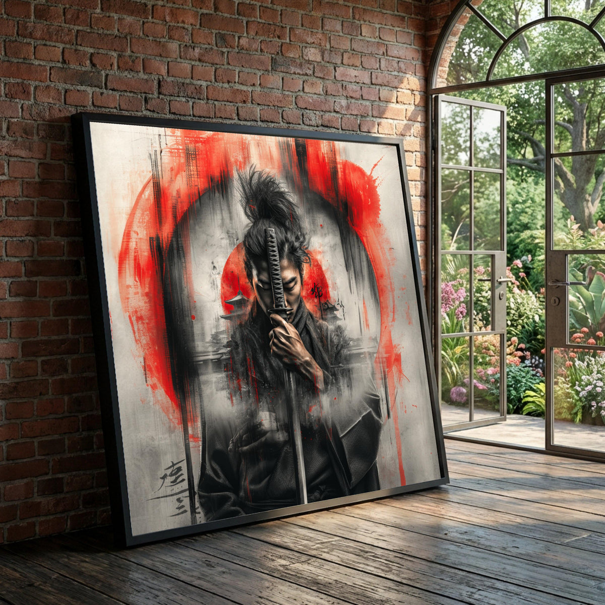 Samurai Warrior with Katana Sword Canvas, Japanese Art Print, Red Sun Circle Wall Art, Asian Culture Canvas, Warrior Luxury Home Decor