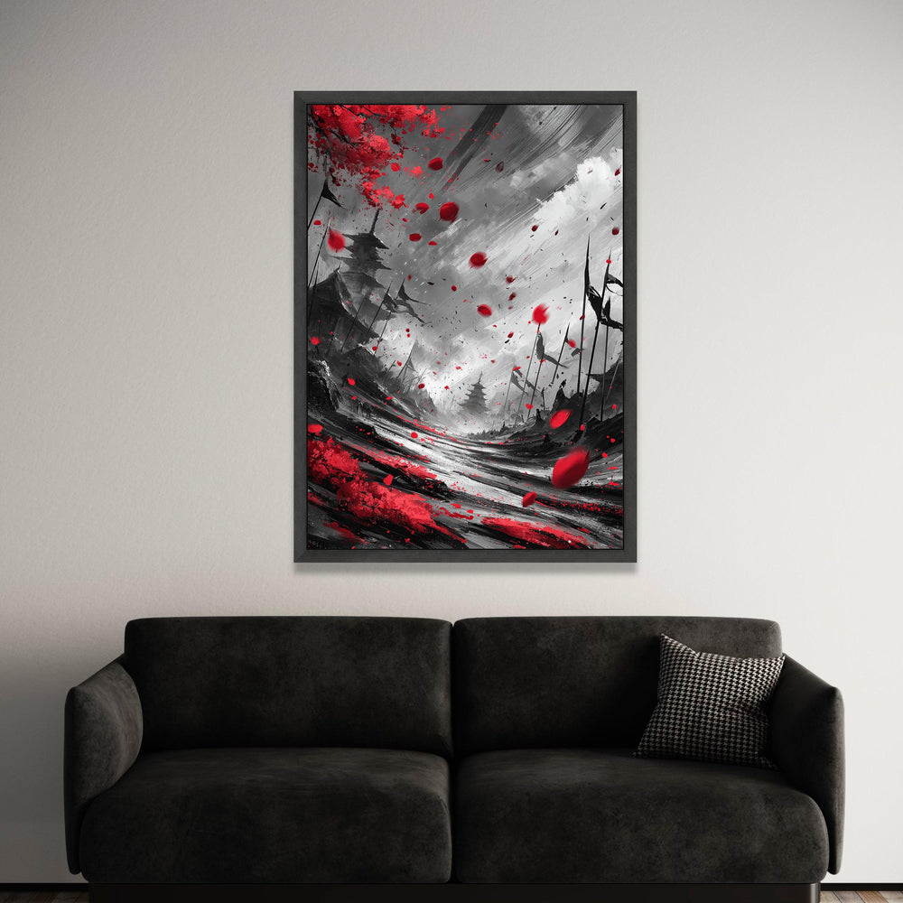 Red Petals Falling, Japanese Pagoda Canvas, Dramatic Landscape Wall Art, Black and White Nature Scene, Modern Home Luxury Home Decor