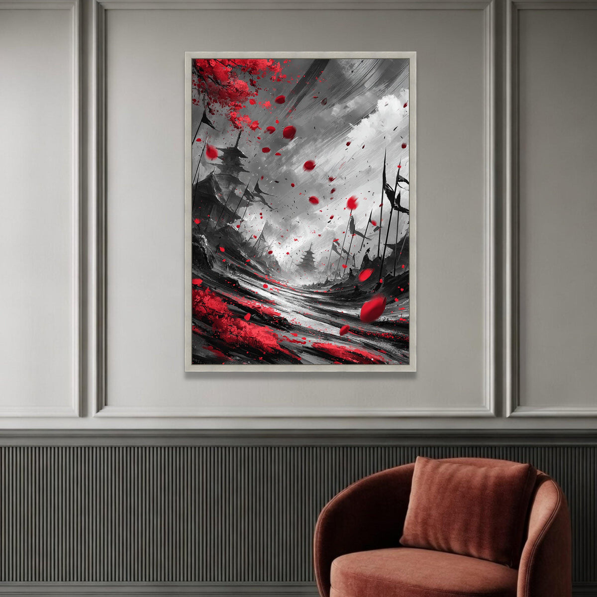 Red Petals Falling, Japanese Pagoda Canvas, Dramatic Landscape Wall Art, Black and White Nature Scene, Modern Home Luxury Home Decor