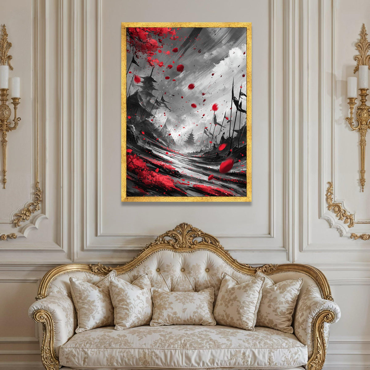 Red Petals Falling, Japanese Pagoda Canvas, Dramatic Landscape Wall Art, Black and White Nature Scene, Modern Home Luxury Home Decor