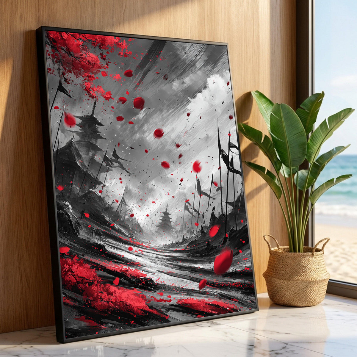 Red Petals Falling, Japanese Pagoda Canvas, Dramatic Landscape Wall Art, Black and White Nature Scene, Modern Home Luxury Home Decor