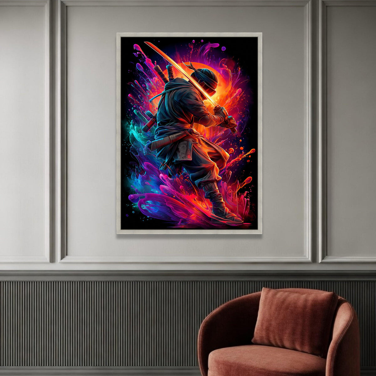 Neon Samurai Warrior Canvas, Vibrant Sword Art, Japanese Ninja Wall Decor, Dynamic Action Canvas, Modern Home Decoration Luxury Home Decor