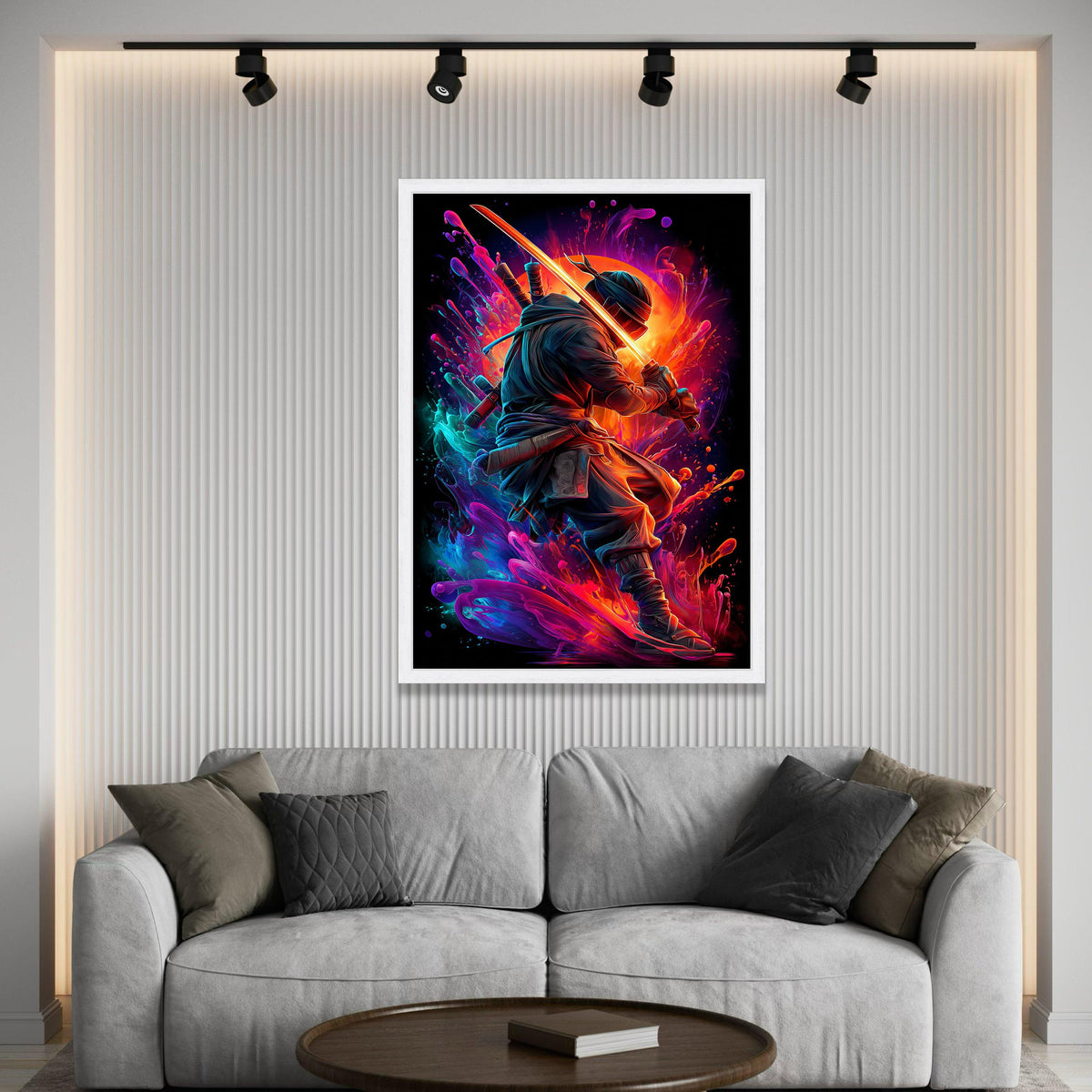 Neon Samurai Warrior Canvas, Vibrant Sword Art, Japanese Ninja Wall Decor, Dynamic Action Canvas, Modern Home Decoration Luxury Home Decor