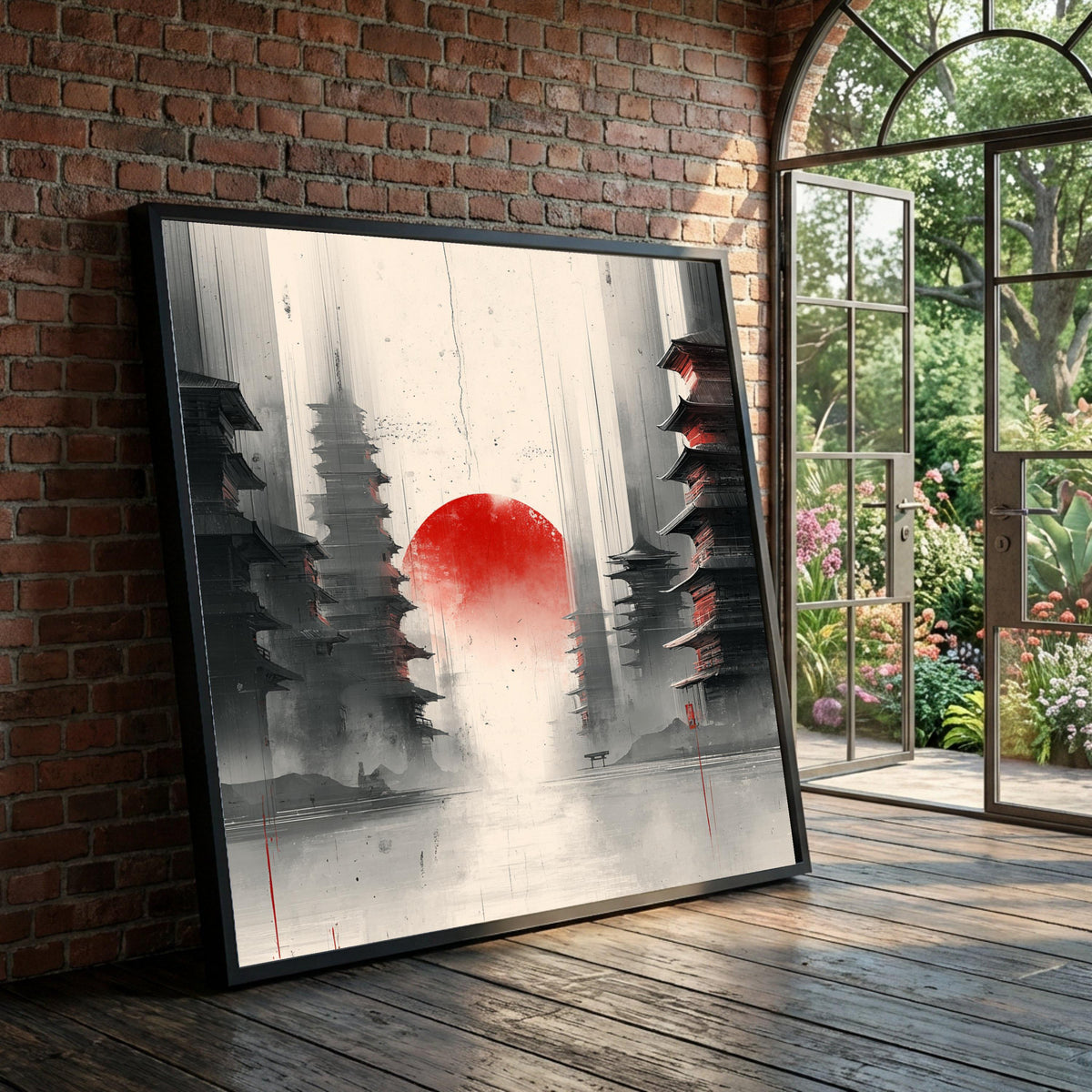 Red Sun Rising Canvas, Asian Pagoda Art Print, Japanese Landscape Wall Art, Minimalist Oriental Canvas, Modern Home Luxury Home Decor