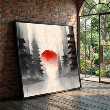 Red Sun Rising Canvas, Asian Pagoda Art Print, Japanese Landscape Wall Art, Minimalist Oriental Canvas, Modern Home Luxury Home Decor