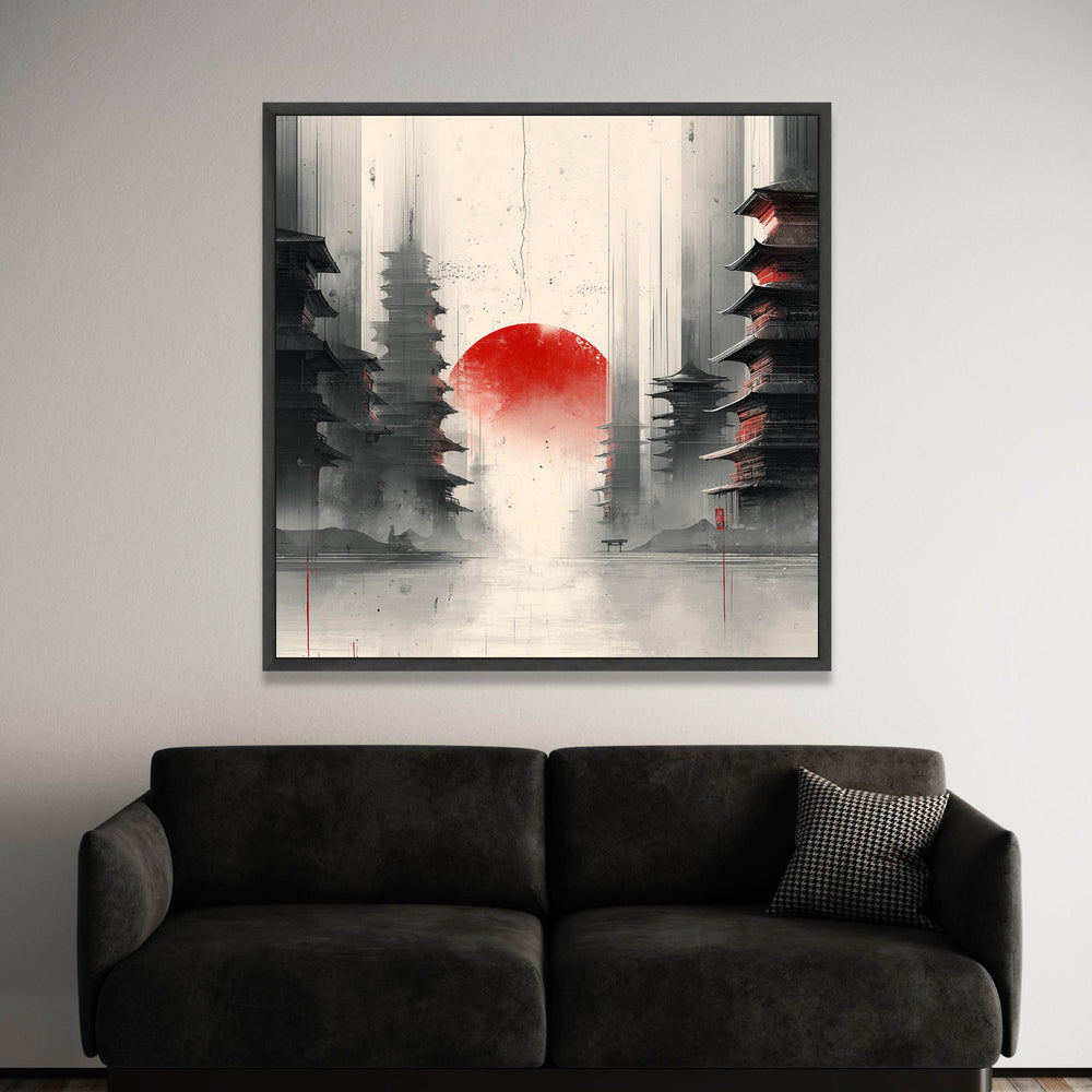 Red Sun Rising Canvas, Asian Pagoda Art Print, Japanese Landscape Wall Art, Minimalist Oriental Canvas, Modern Home Luxury Home Decor