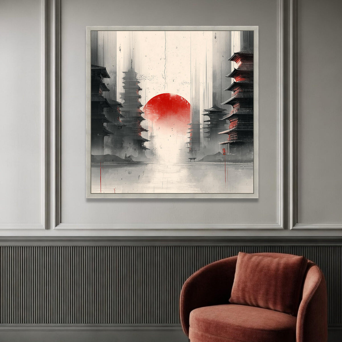 Red Sun Rising Canvas, Asian Pagoda Art Print, Japanese Landscape Wall Art, Minimalist Oriental Canvas, Modern Home Luxury Home Decor