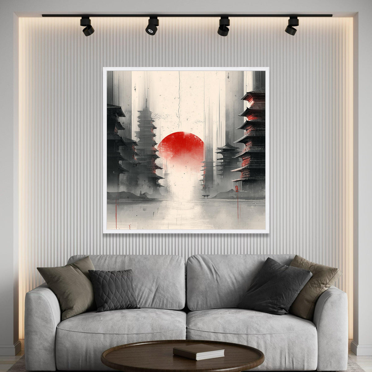 Red Sun Rising Canvas, Asian Pagoda Art Print, Japanese Landscape Wall Art, Minimalist Oriental Canvas, Modern Home Luxury Home Decor