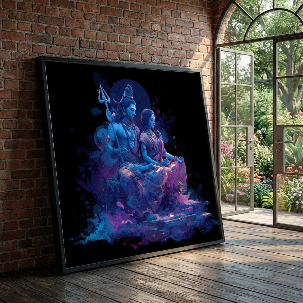 Shiva and Parvati Meditation Pose Canvas, Spiritual Hindu Gods Wall Art, Divine Couple Decor, Blue Purple Art Print, Yoga Luxury Home Decor
