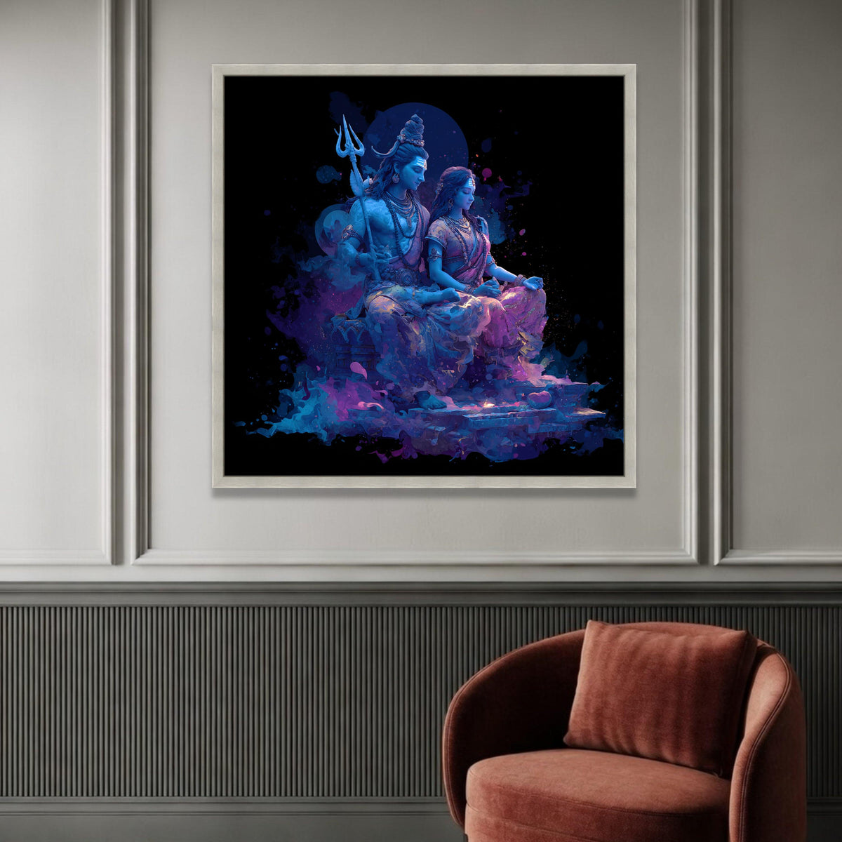 Shiva and Parvati Meditation Pose Canvas, Spiritual Hindu Gods Wall Art, Divine Couple Decor, Blue Purple Art Print, Yoga Luxury Home Decor