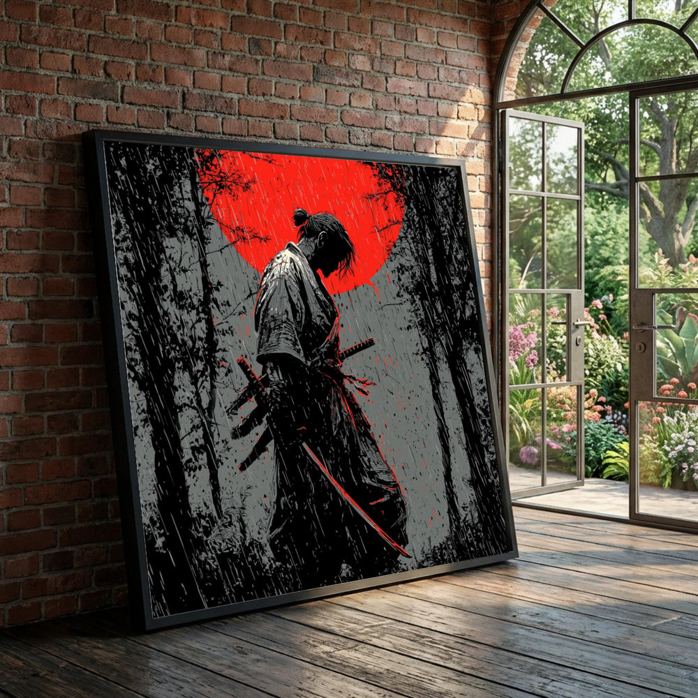 Samurai Warrior Rain Canvas, Japanese Sword Art, Red Sun Background, Silhouette Wall Decor, Feudal Japan Canvas Art, Ready Luxury Home Decor