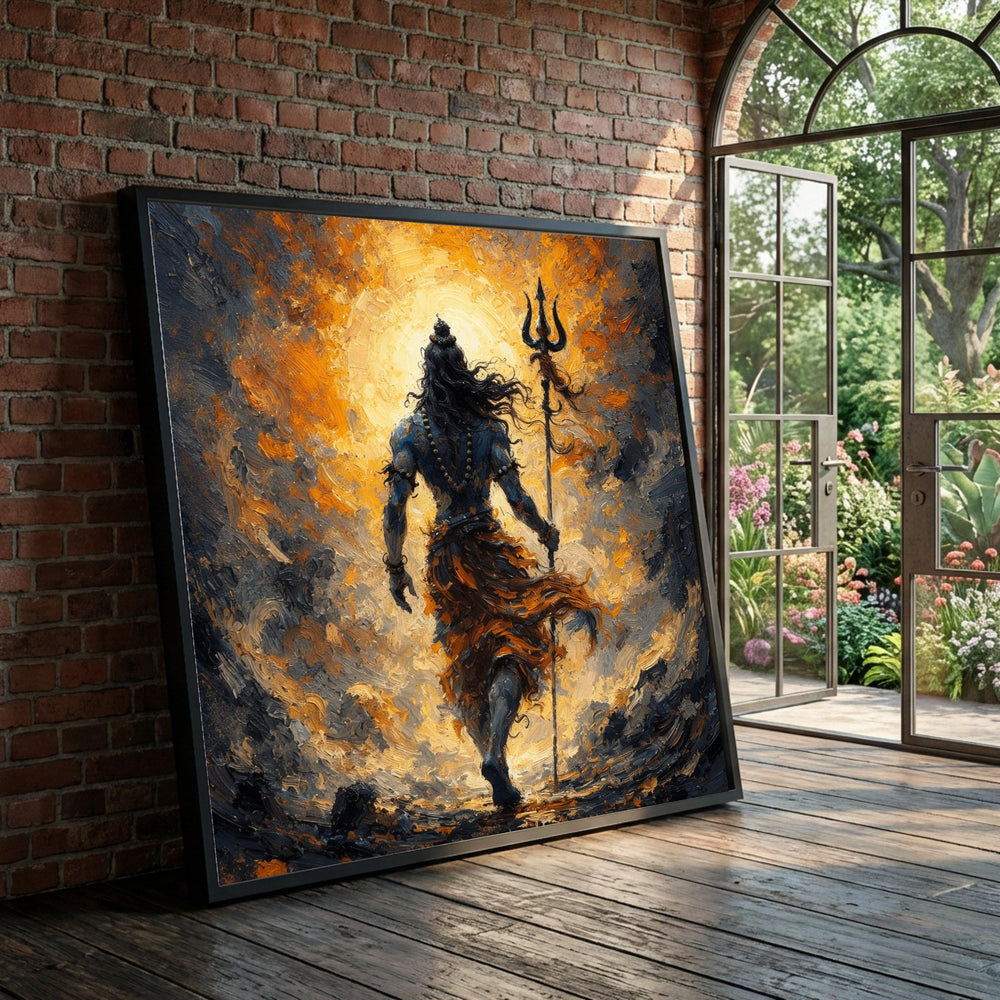 Powerful Shiva Silhouette Canvas, Divine Trident Wall Art, Spiritual Hindu Deity Decor, Mystic Sunset Background, Ready to Luxury Home Decor