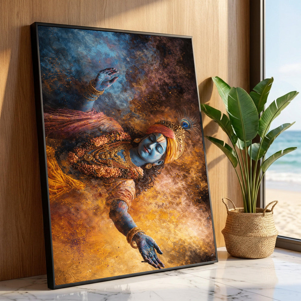 Divine Krishna Focus Canvas, Spiritual Indian Art, Blue God Wall Art, Mythological Canvas Decor, Vibrant Hindu Canvas Luxury Home Decor
