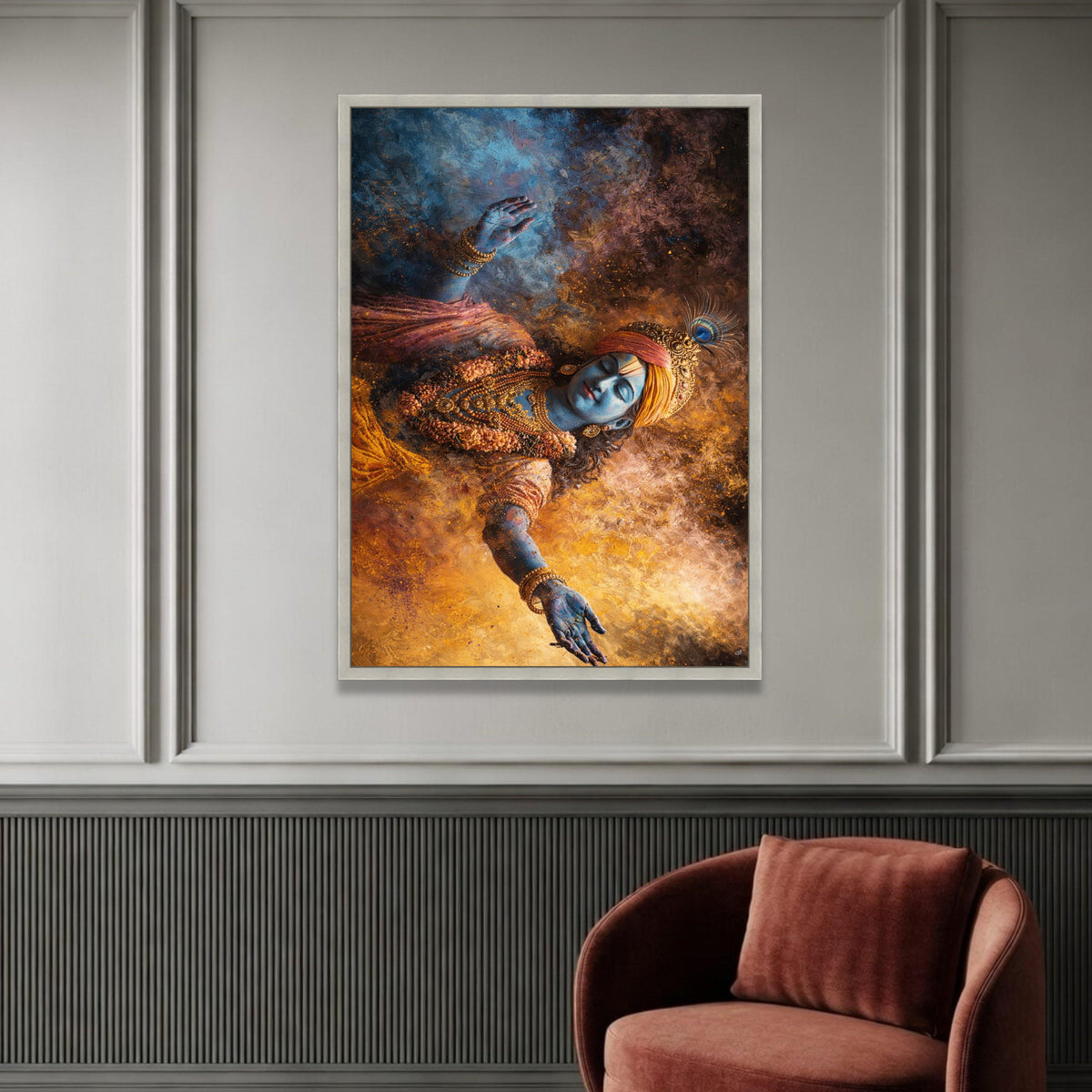 Divine Krishna Focus Canvas, Spiritual Indian Art, Blue God Wall Art, Mythological Canvas Decor, Vibrant Hindu Canvas Luxury Home Decor