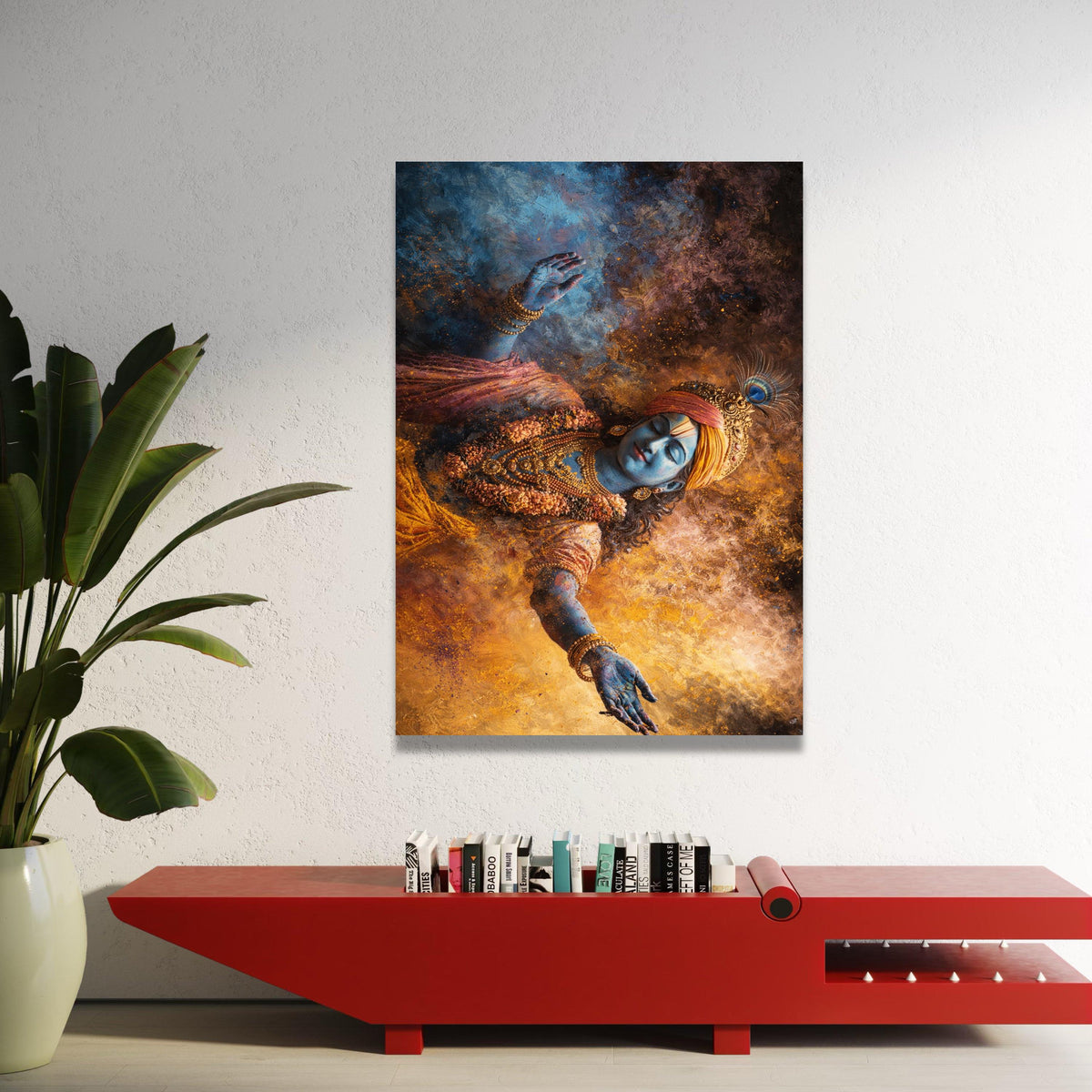 Divine Krishna Focus Canvas, Spiritual Indian Art, Blue God Wall Art, Mythological Canvas Decor, Vibrant Hindu Canvas Luxury Home Decor