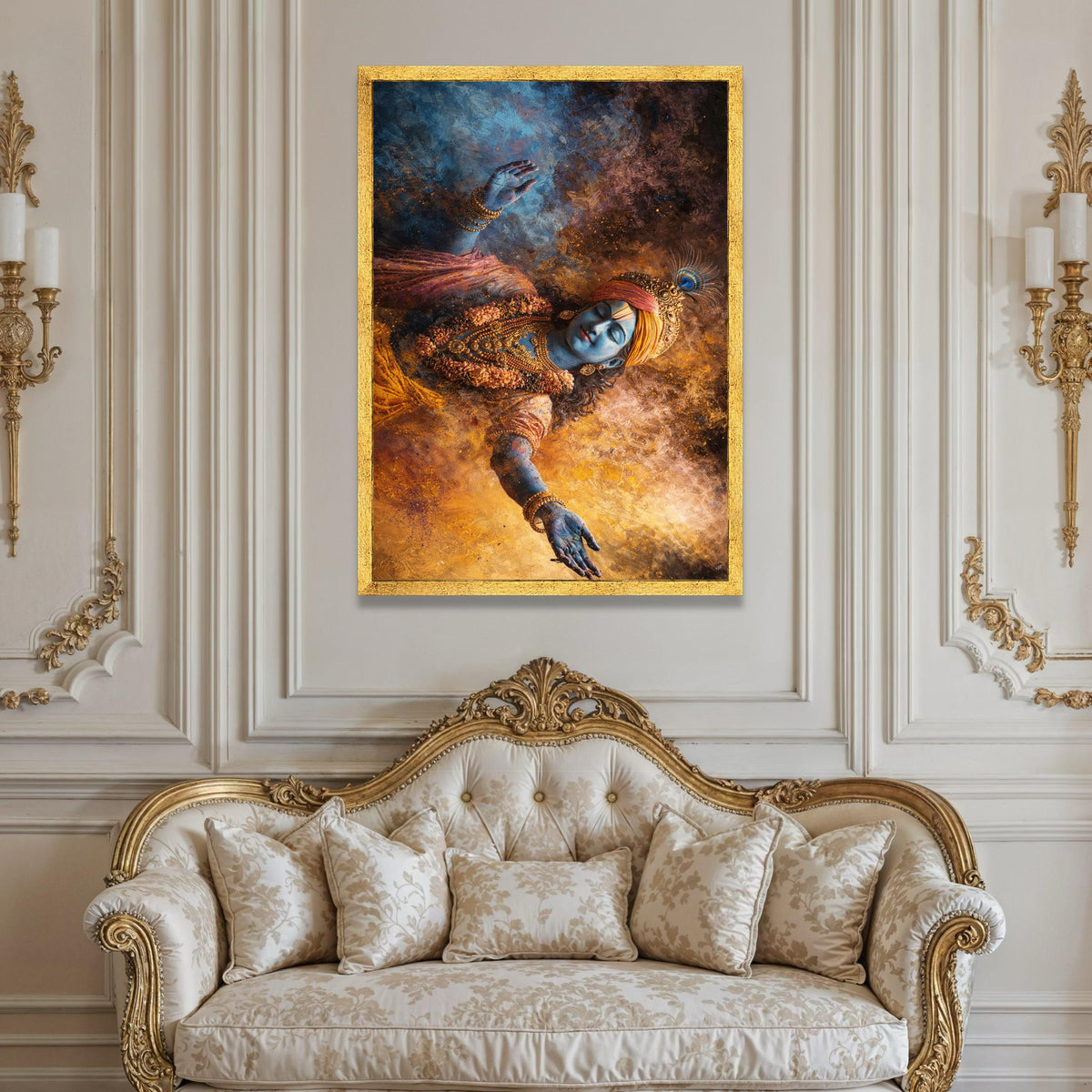Divine Krishna Focus Canvas, Spiritual Indian Art, Blue God Wall Art, Mythological Canvas Decor, Vibrant Hindu Canvas Luxury Home Decor