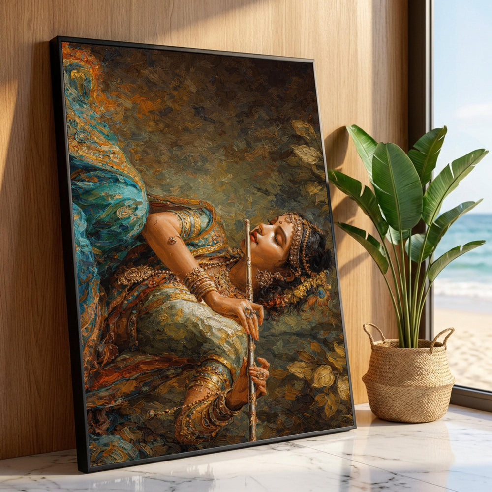 Elegant Indian Woman Playing Flute, Ethnic Jewelry Canvas, Cultural Portrait Wall Art, Traditional Costume Decoration, Luxury Home Decor
