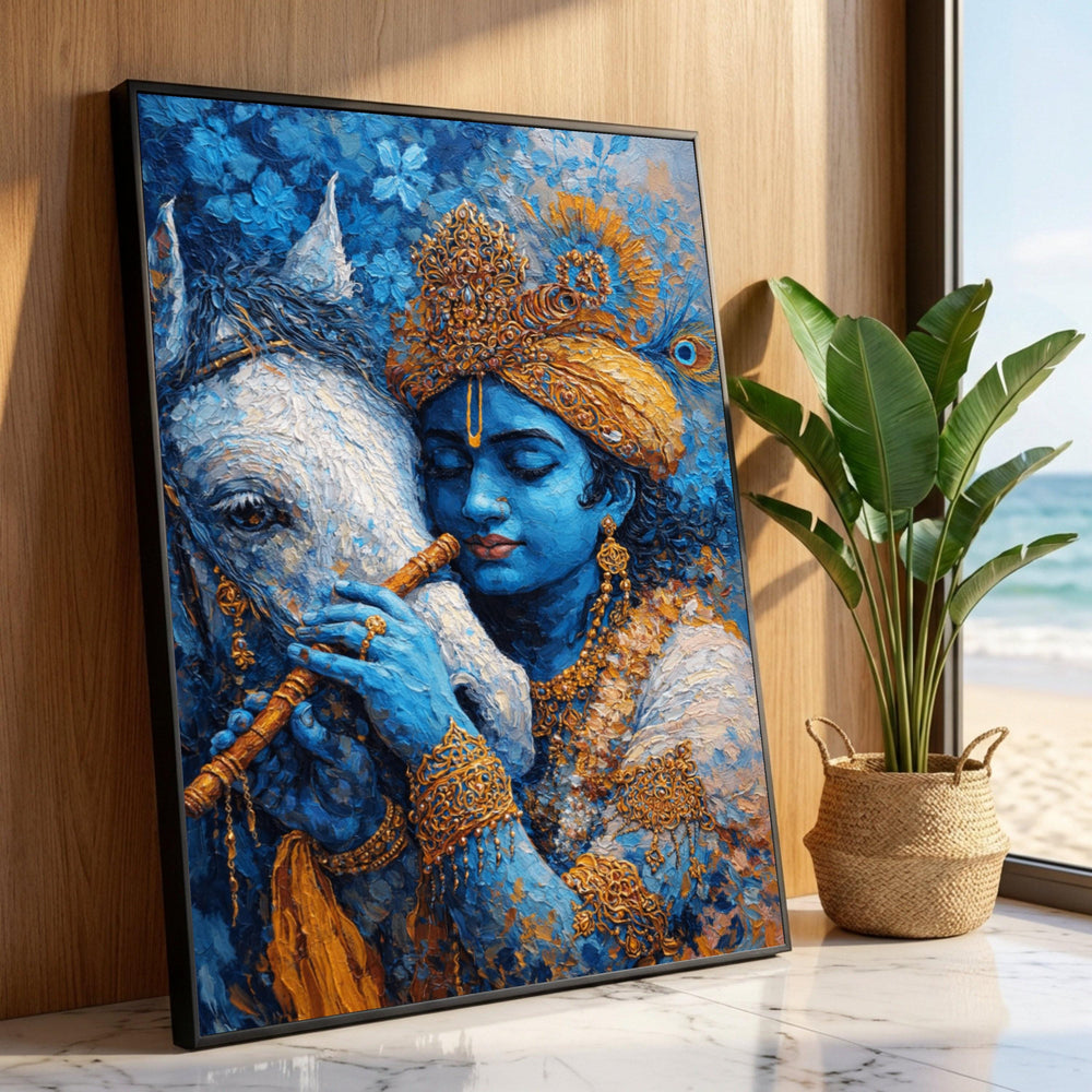 Blue Krishna Playing Flute Canvas, Spiritual Wall Art, Lord Krishna with White Horse, Indian Mythology Decor, Ready to Luxury Home Decor