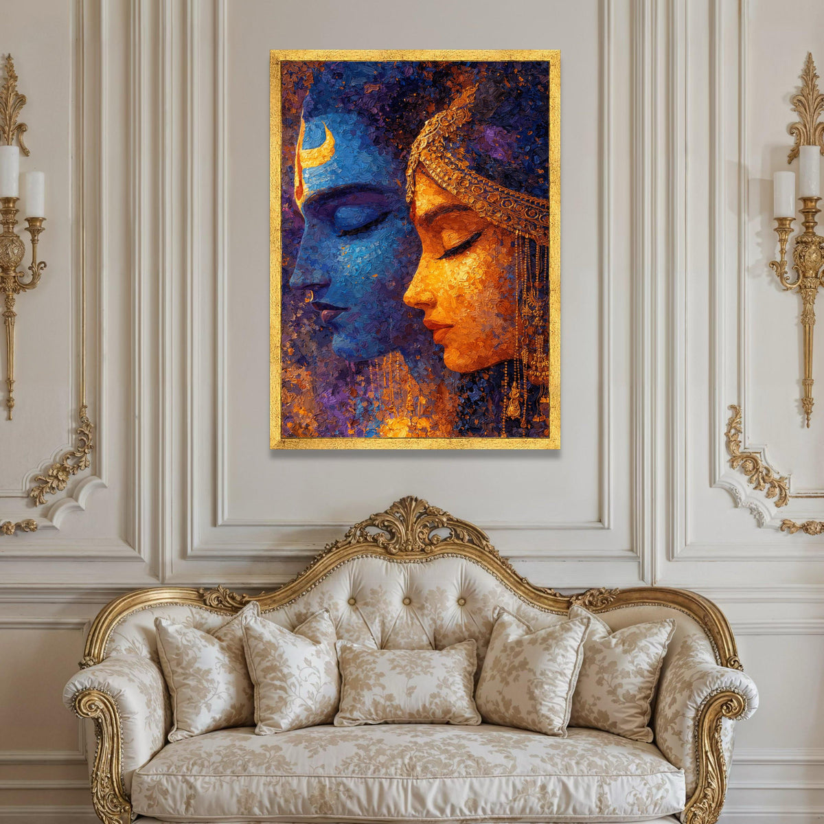 Divine Couple Profile, Krishna Radha Portrait Canvas, Spiritual Wall Art, Indian Mythology Canvas, Home Decor Artwork Luxury Home Decor