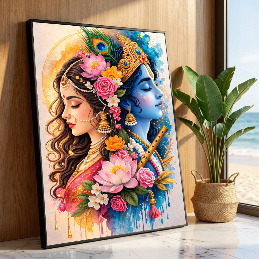 Divine Radha Krishna Portrait, Spiritual Indian Canvas Art, Floral Hindu God Wall Decor, Colorful Mythological Luxury Home Decor