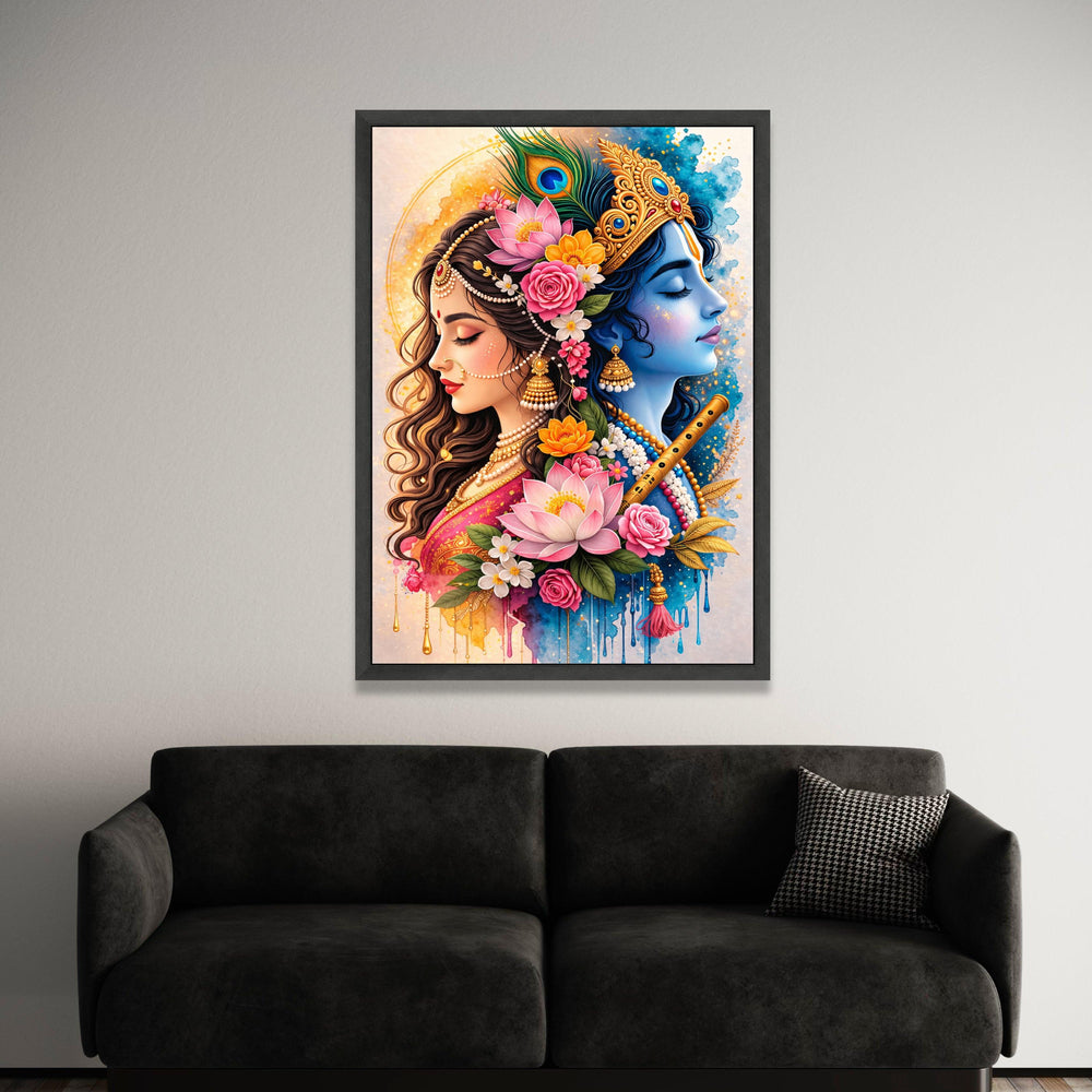 Divine Radha Krishna Portrait, Spiritual Indian Canvas Art, Floral Hindu God Wall Decor, Colorful Mythological Luxury Home Decor