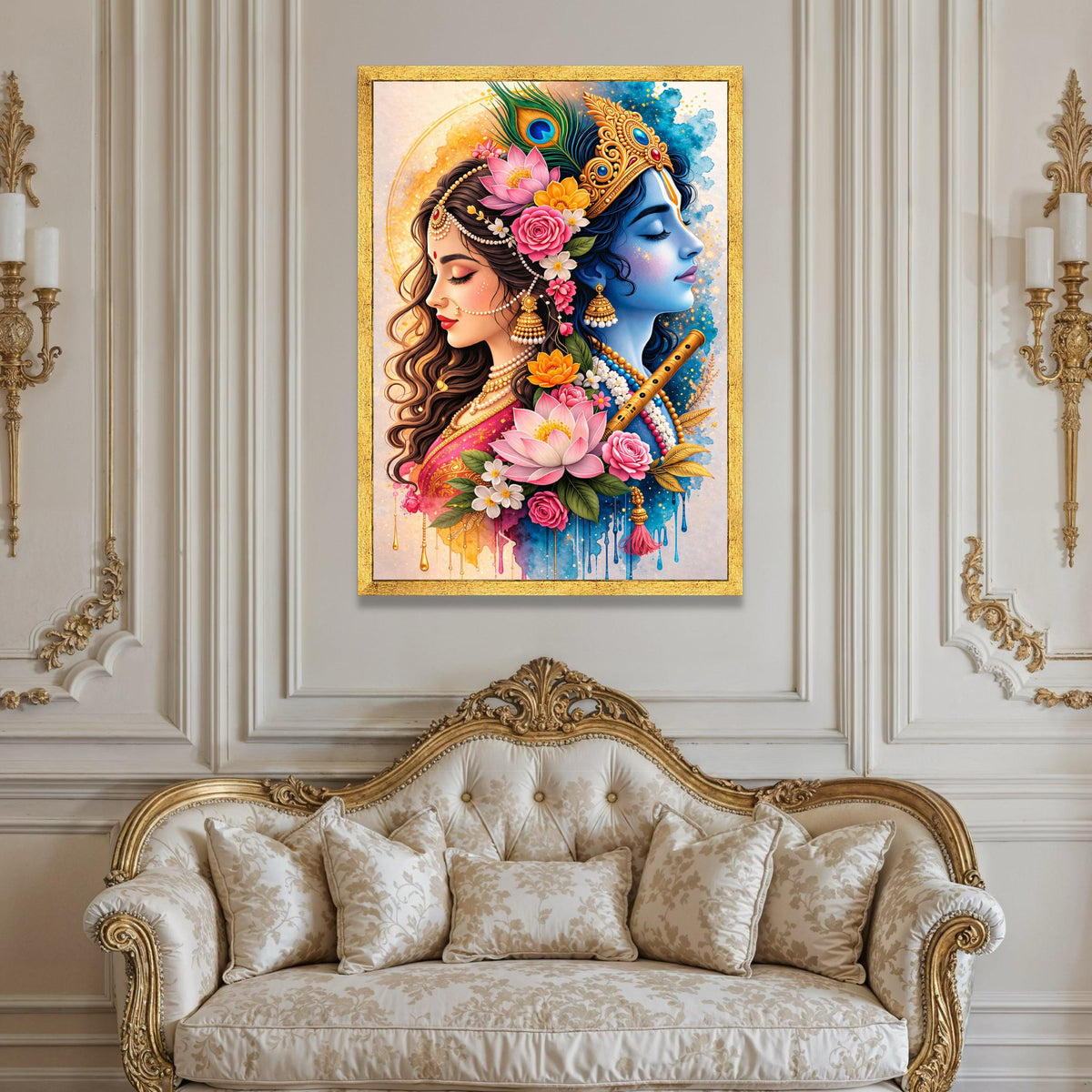 Divine Radha Krishna Portrait, Spiritual Indian Canvas Art, Floral Hindu God Wall Decor, Colorful Mythological Luxury Home Decor