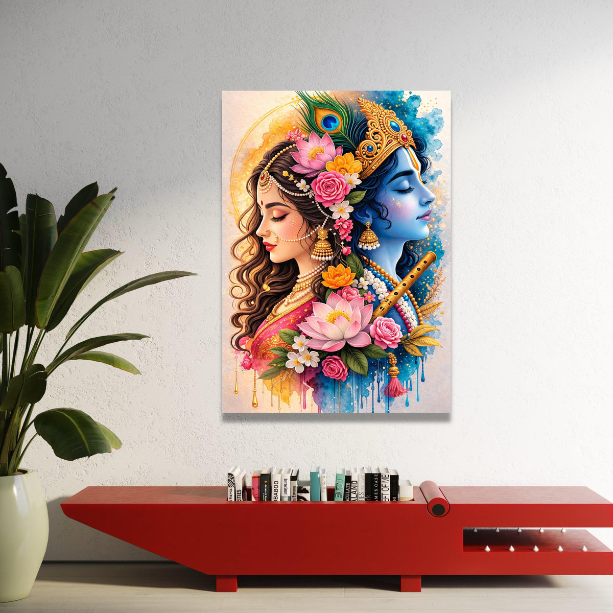 Divine Radha Krishna Portrait, Spiritual Indian Canvas Art, Floral Hindu God Wall Decor, Colorful Mythological Luxury Home Decor