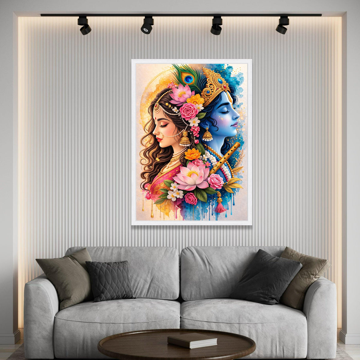 Divine Radha Krishna Portrait, Spiritual Indian Canvas Art, Floral Hindu God Wall Decor, Colorful Mythological Luxury Home Decor