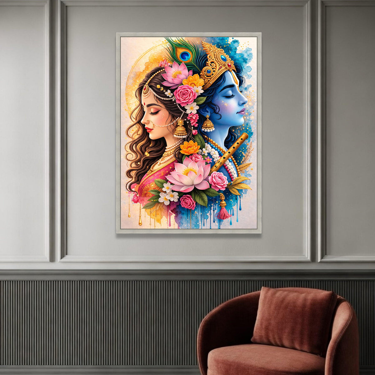 Divine Radha Krishna Portrait, Spiritual Indian Canvas Art, Floral Hindu God Wall Decor, Colorful Mythological Luxury Home Decor