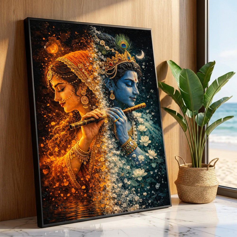 Divine Radha Krishna Canvas Wall Art, Spiritual Indian Mythology, Blue and Orange Color Contrast, Sacred Flute Painting, Luxury Home Decor