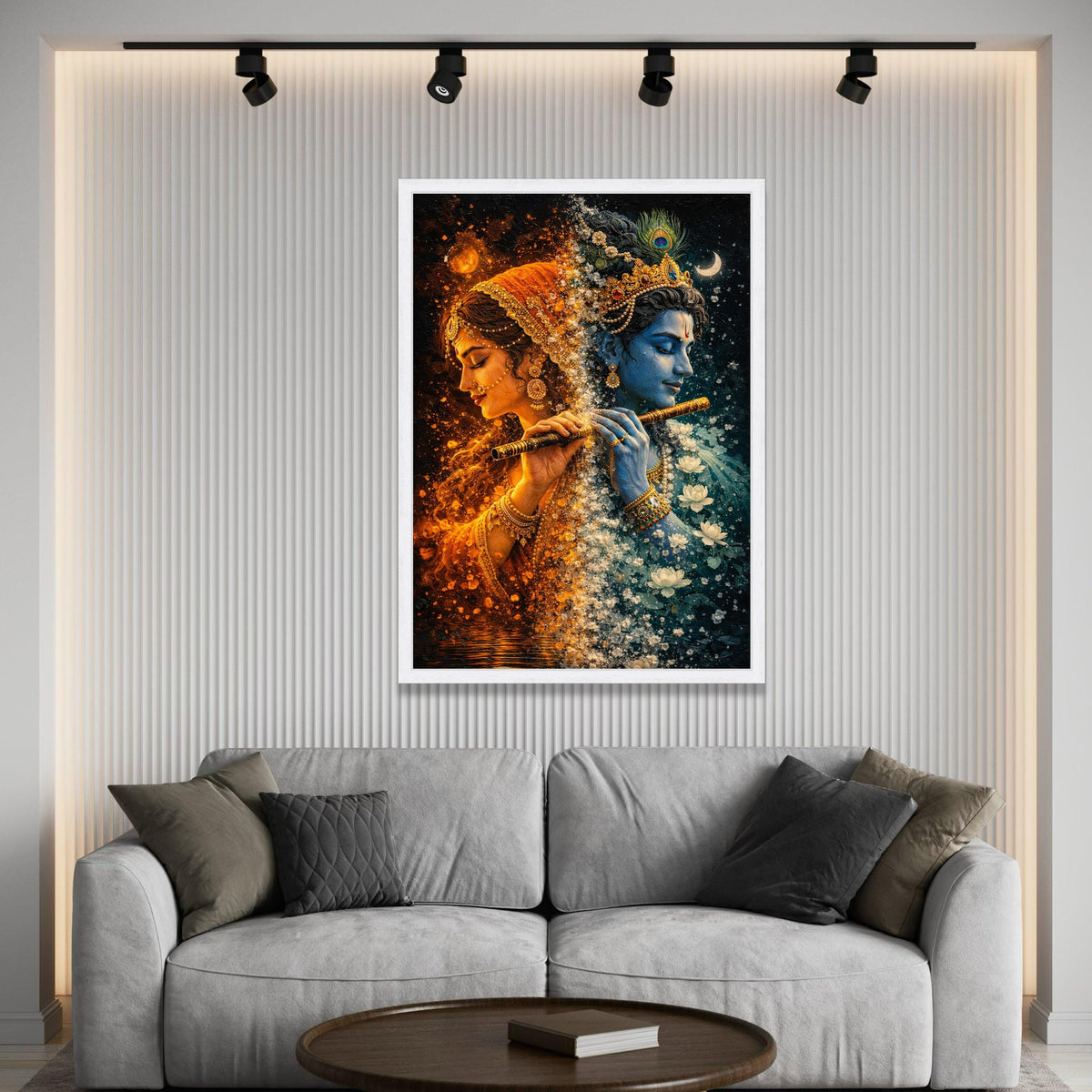 Divine Radha Krishna Canvas Wall Art, Spiritual Indian Mythology, Blue and Orange Color Contrast, Sacred Flute Painting, Luxury Home Decor