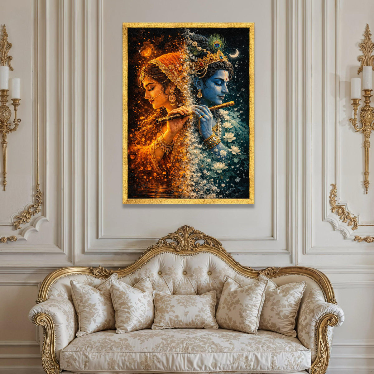 Divine Radha Krishna Canvas Wall Art, Spiritual Indian Mythology, Blue and Orange Color Contrast, Sacred Flute Painting, Luxury Home Decor