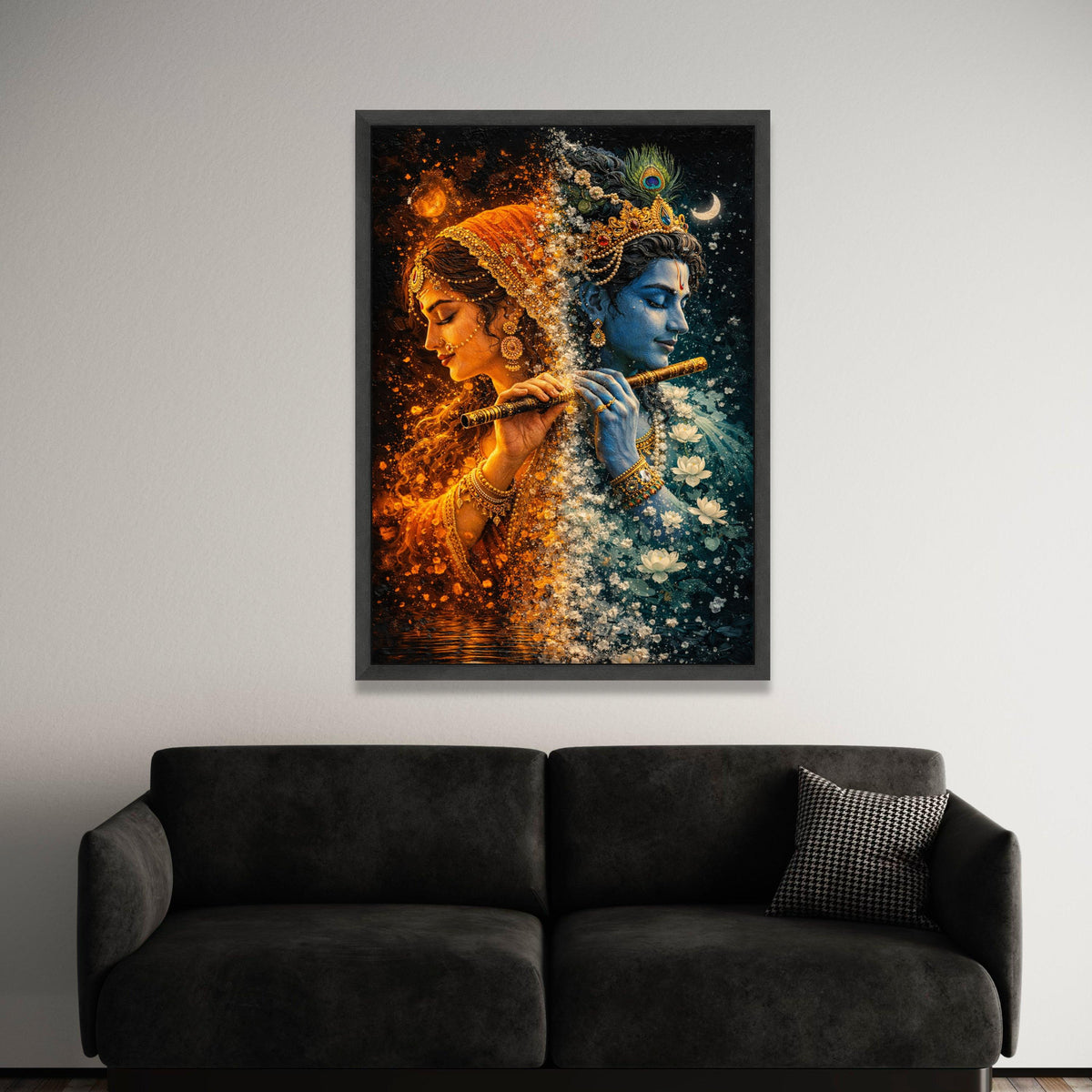 Divine Radha Krishna Canvas Wall Art, Spiritual Indian Mythology, Blue and Orange Color Contrast, Sacred Flute Painting, Luxury Home Decor