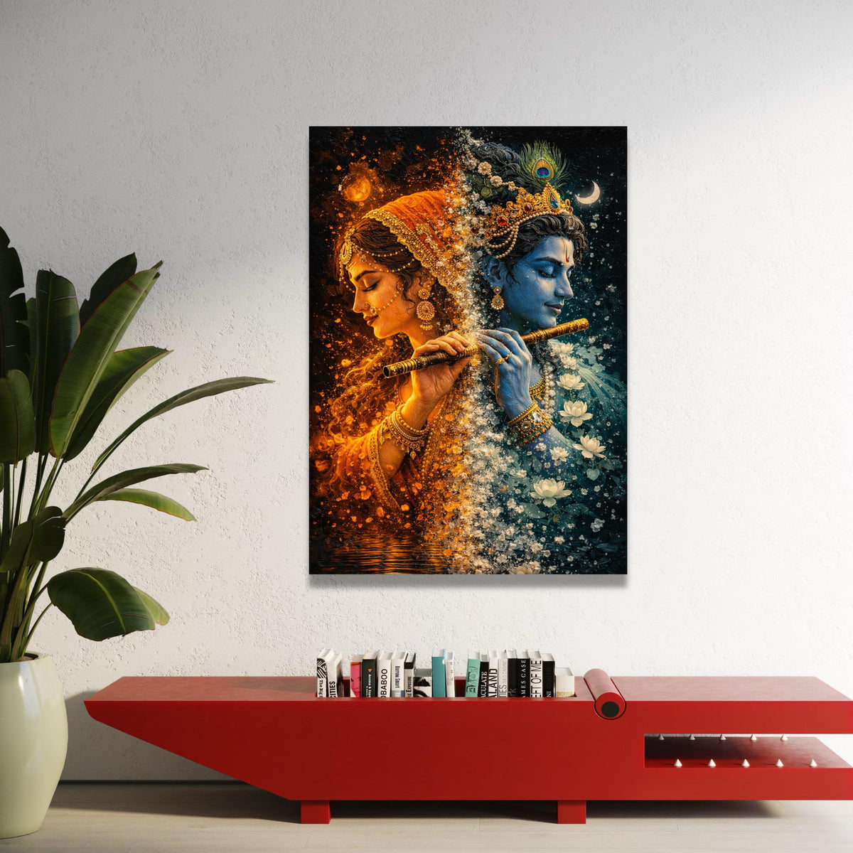 Divine Radha Krishna Canvas Wall Art, Spiritual Indian Mythology, Blue and Orange Color Contrast, Sacred Flute Painting, Luxury Home Decor