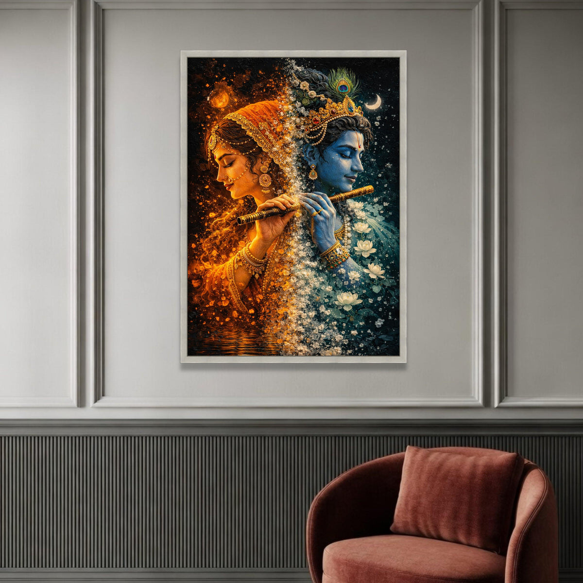 Divine Radha Krishna Canvas Wall Art, Spiritual Indian Mythology, Blue and Orange Color Contrast, Sacred Flute Painting, Luxury Home Decor