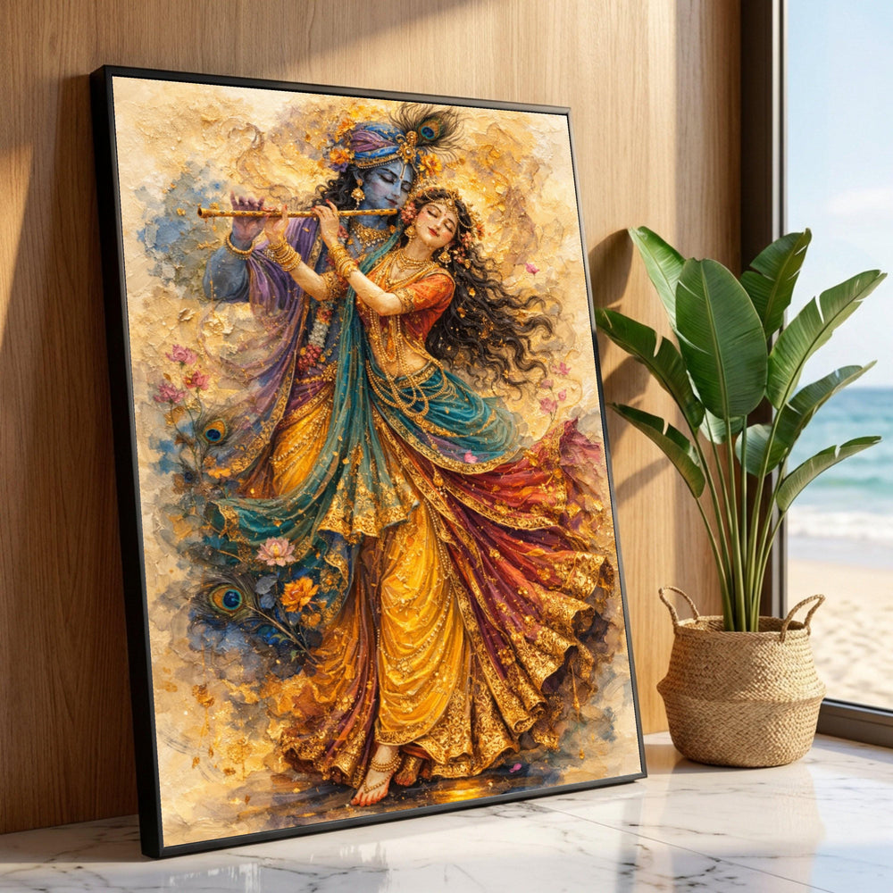 Divine Krishna and Radha Painting, Indian Mythology Canvas, Spiritual Couple Wall Art, Colorful Dance Scene Canvas, Home Luxury Home Decor