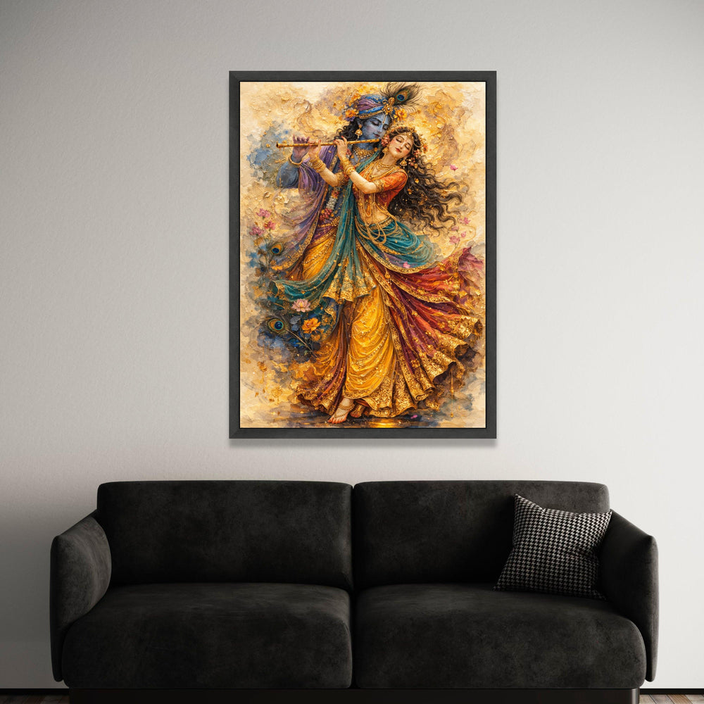 Divine Krishna and Radha Painting, Indian Mythology Canvas, Spiritual Couple Wall Art, Colorful Dance Scene Canvas, Home Luxury Home Decor