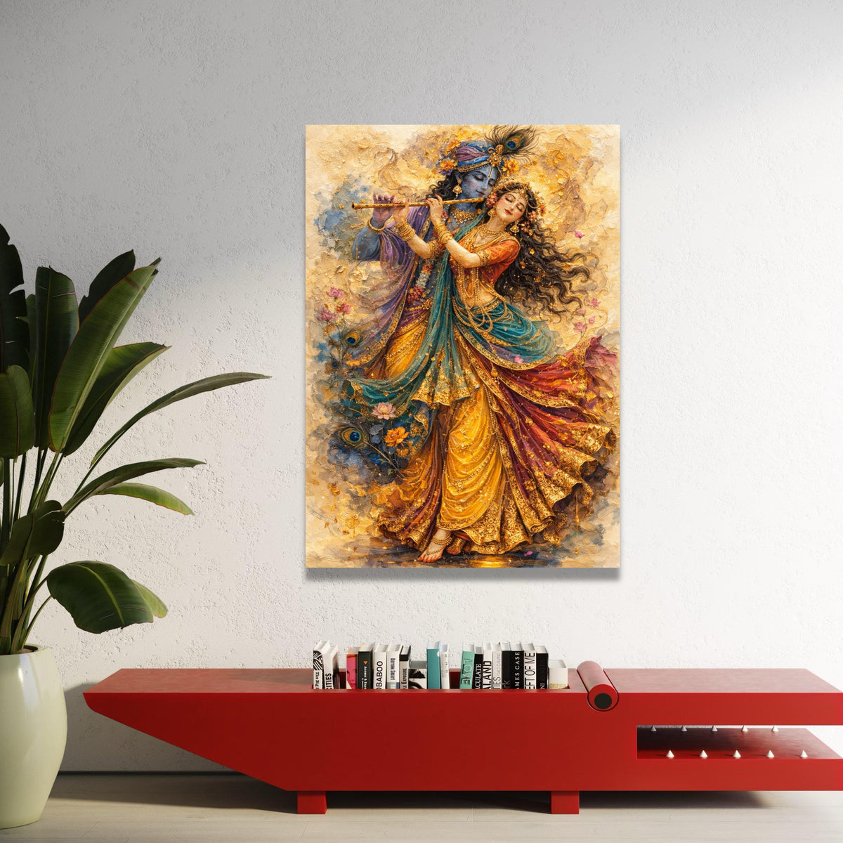 Divine Krishna and Radha Painting, Indian Mythology Canvas, Spiritual Couple Wall Art, Colorful Dance Scene Canvas, Home Luxury Home Decor