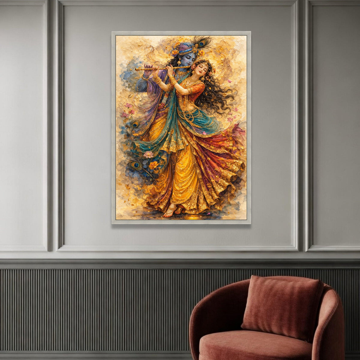 Divine Krishna and Radha Painting, Indian Mythology Canvas, Spiritual Couple Wall Art, Colorful Dance Scene Canvas, Home Luxury Home Decor