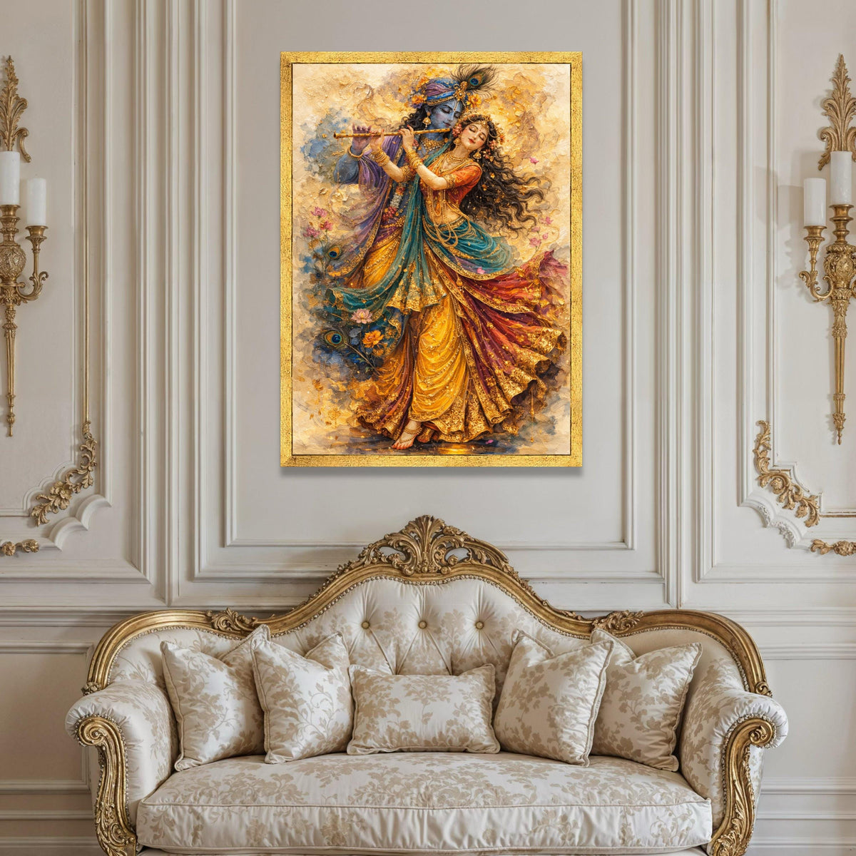 Divine Krishna and Radha Painting, Indian Mythology Canvas, Spiritual Couple Wall Art, Colorful Dance Scene Canvas, Home Luxury Home Decor