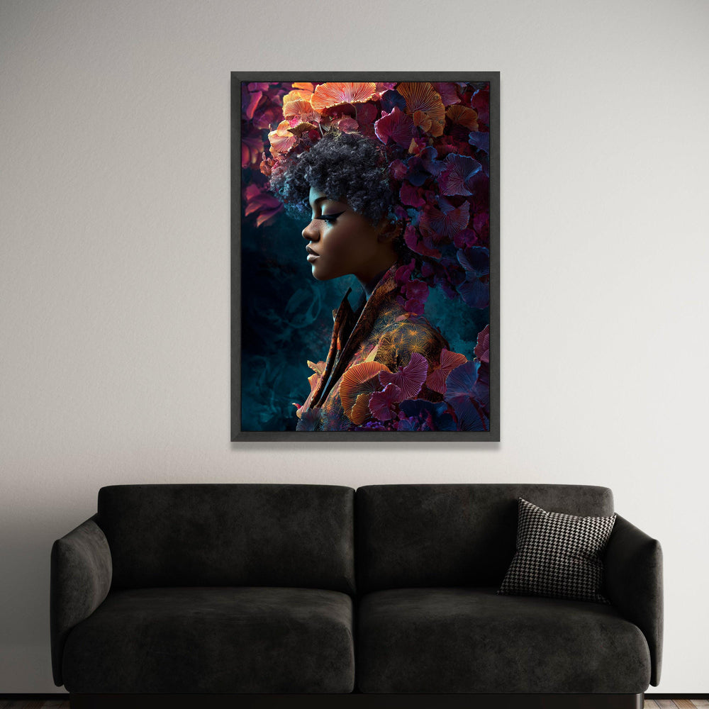 Elegant African Woman Portrait Canvas, Floral Crown Wall Art, Colorful Botanical Design, Modern Home Decoration, Feminine Luxury Home Decor