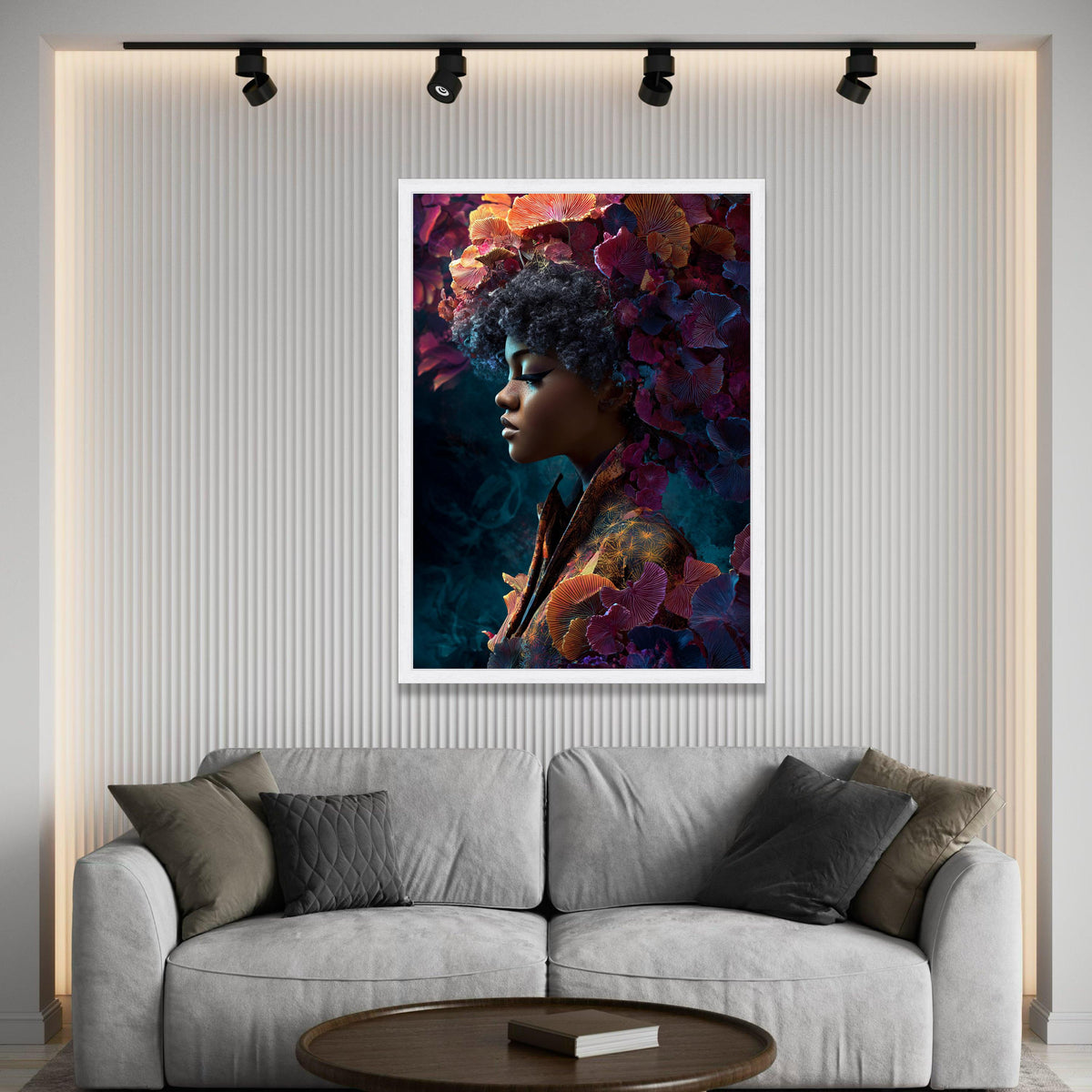 Elegant African Woman Portrait Canvas, Floral Crown Wall Art, Colorful Botanical Design, Modern Home Decoration, Feminine Luxury Home Decor